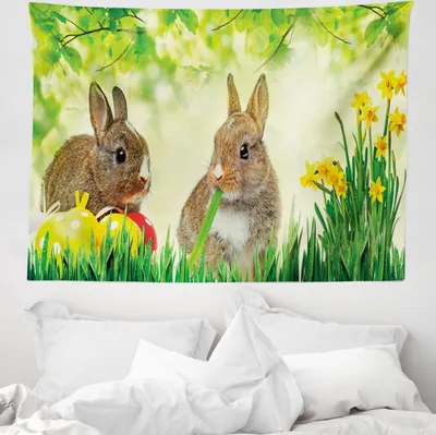 Produktbild von ABAKUHAUS Osterhase Wandteppich, Ostern Kaninchen aus Weiches Mikrofaser Stoff Waschbar ohne Verblassen Digitaldruck, 150 x 110 cm, Mehrfarbig Farngrün