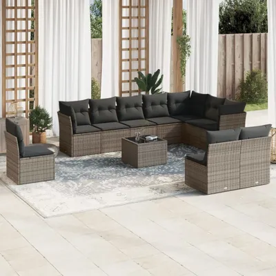 Produktbild von Design 11-tlg. Garten-Sofagarnitur mit Kissen Grau Poly Rattan, Gartenmöbel-Sets 2024