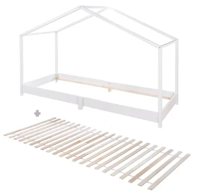 Produktbild von roba Hausbett 90 x 200 cm mit Lattenrost - Bodentiefes Kinderbett nach Montessori Prinzip - Erweiterbar mit Hausbettbezug - Holz weiß lackiert