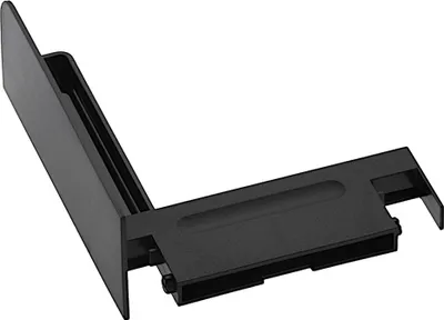 A black plastic part for a food slicer, shown from a diagonal angle against a white background.