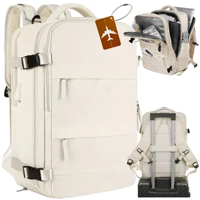 A collage of images showing a beige travel backpack from different angles, including its interior and how it can be attached to a suitcase.
