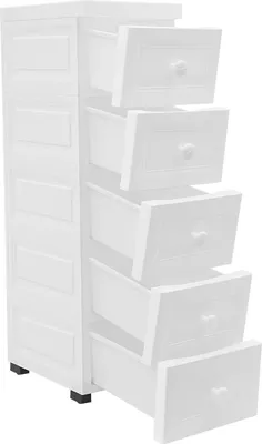 Obrázok produktu pre Úložný vozík – úzky kontajner na kolieskach – 5 zásuviek – vertikálny – s kolieskami – PP plast – 25×34×82 cm – biely