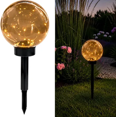 Obrázek produktu pro LUMILED Solární zahradní lampa LED, koule, kouřová barva, 20 cm. Solární lampa, osvětlení cesty, model GLORIS, IP44. Solární koule pro zahradu, venkovní použití, osvětlovací koule, 3000K, teplá bílá, kouřová barva, s hrotem pro zapíchnutí do země. Venkovní lampa, osvětlení cesty