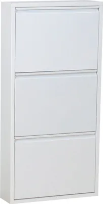 A white metal shoe cabinet with three flip-down doors.