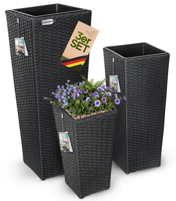 Produktbild von CASARIA® Blumentopf 3er Set Polyrattangeflecht Übertopf Wasserabfluss Rattanoptik Outdoor Pflanzkübel Blumenkasten Schwarz