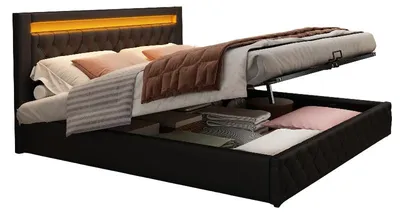 Obrázok produktu pre Postel s úložným priestorom, čalúnená, 140x200 cm, čierna, potiahnutáPolyuretánkožou, s roštom a LED osvetlením, vhodná do spálne
