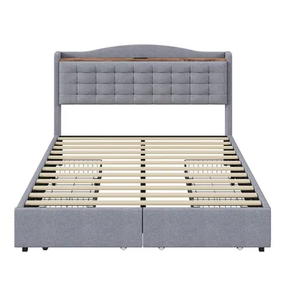 Produktbild von Sweiko Polsterbett 140*200 cm mit 4 Schubladen，Doppelflachbett mit USB-Ladeanschluss，Leinenstoff Grau