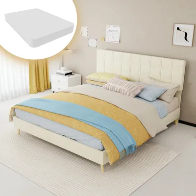 Imagen del producto de Cama tapizada de 160x200 cm con colchón, cabecero acolchado a cuadros, funda de tela color beige y patas de madera, color beige