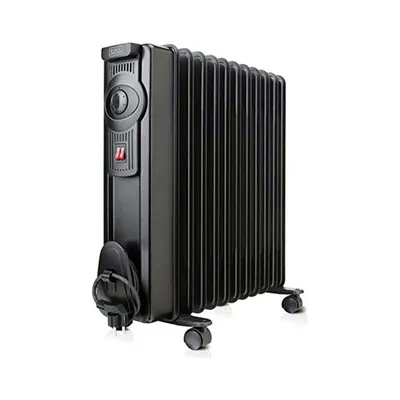 A black oil-filled electric radiator with wheels, shown against a white background.