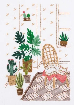 Produktbild von Miss Satin-Stickerei-Set "Zimmerpflanze Ecke. Katze", 10x15cm
