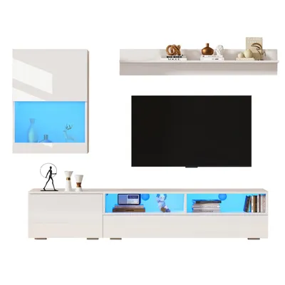 Produktbild von TV Wohnwand-set mit Vitrine (Komplett-Set, 3-St),Mediawand inkl.TV-Board, Standregal und Wandregal,TV Wohnzimmermöbel-Set mit LED und Hochglanz