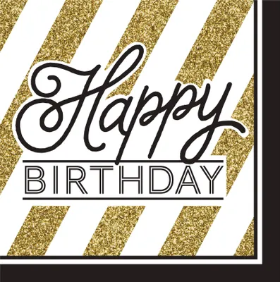 Zdjęcie produktu dla Serwetki urodzinowe Happy Birthday 16 sztuk złoto-czarno-białe 33x33cm -