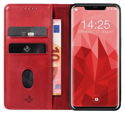 Produktbild von Handyhülle für Huawei Mate 20 Pro mit 9H Displayglas Kunstleder Flip Cover Hülle Klapphülle Case Kartenfach Farbe: Rot