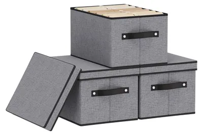 Image de Lot de 3 boîtes de rangement avec couvercles, paniers de rangement pliables, boîtes en tissu avec poignées, organiseurs de placard, pour les vêtements