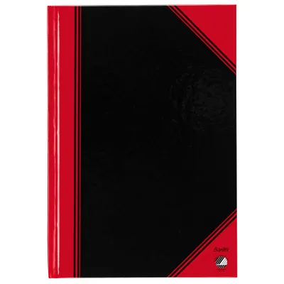 A black and red notebook is shown against a white background.