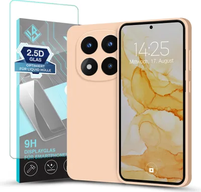 A pink smartphone case and screen protector are displayed next to a smartphone.