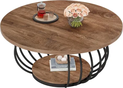 Produktbild von Tribesigns Runder Couchtisch, 100 cm industrieller Couchtisch aus Holz mit zwei Ebenen, mit Ablagefläche und Metallrahmen, rustikales Braun Schwarz