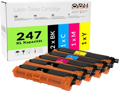 A box of OBV laser toner cartridges with several cartridges arranged in front of it.