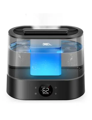 A humidifier with a blue light inside, emitting mist.