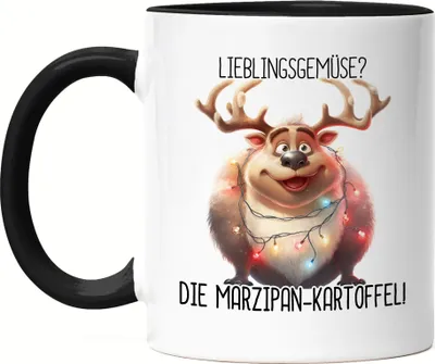 Produktbild von Lieblingsgemüse Marzipankartoffel Lustiges Rentier Tasse Schwarz Lichterkette Adventsgeschenk