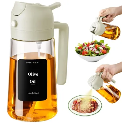 Immagine prodotto di Bottiglia per olio con spruzzatore - 2 in 1 - 470 ml - Vetro - Bianco - Per cucina, insalata e grill
