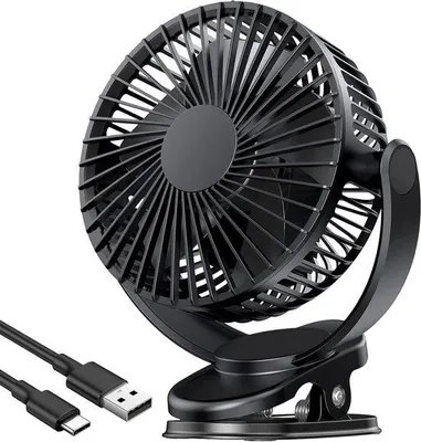 Imagen del producto de Ventilador de mesa USB con batería de 5000 mAh, 3 velocidades, rotación de 360°, con clip, ideal para oficina, cochecitos de bebé, camas y espacios de trabajo