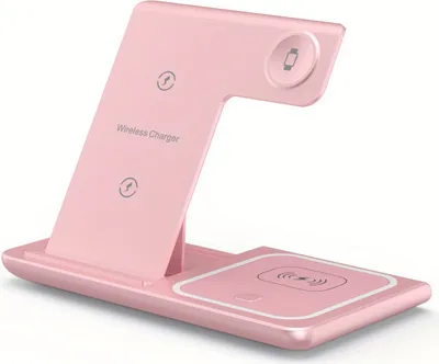 A pink wireless charging stand for multiple devices.