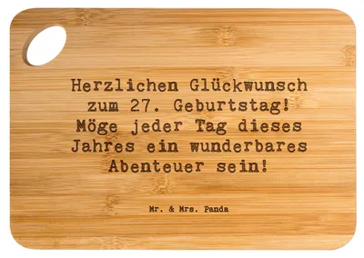 Produktbild von Mr. & Mrs. Panda Schneidebrett Spruch 27. Geburtstag Abenteuer - Transparent - Geschenk, Brett, Jahr, holzschneidebrett, Geburtstagsgeschenk, Frühstücksbrettchen, Alter