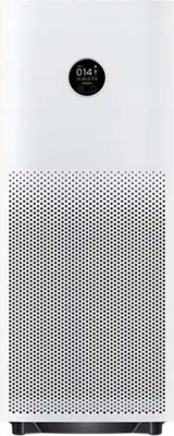 A white air purifier is shown from the front against a white background.