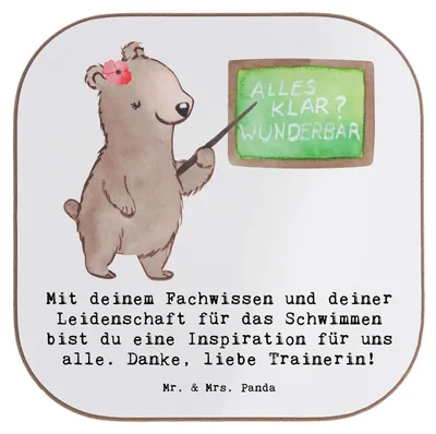 Produktbild von Mr. & Mrs. Panda Untersetzer für Gläser Schwimmen Trainerin Inspiration - Weiß - Geschenk, Hingabe, Holzuntersetzer, Tischuntersetzer, gläseruntersetzer, Tassen, Sportart