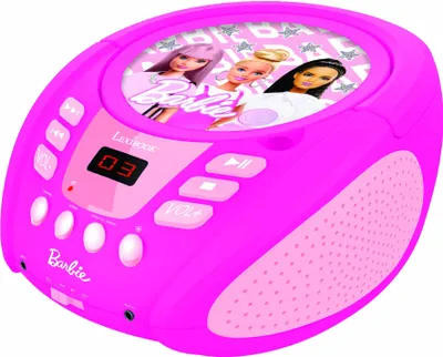 A pink Barbie portable CD player is shown against a white background.
