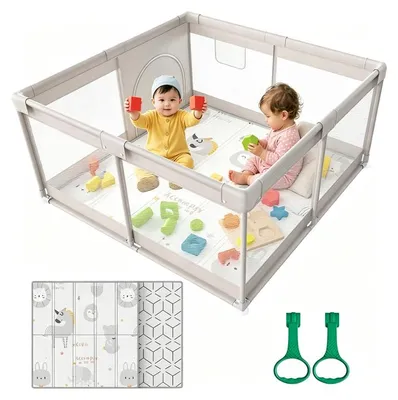 Produktbild von Laufgitter mit Spielmatte 120 x 120 cm | Baby Laufstall für 0–24 Monate, rutschfeste Matte, stabiler Indoor-Spielbereich für zu Hause, grau, 120 cm, 120 cm