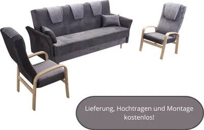 Produktbild von Couch plus zwei Sessel BOSTON Sofa mit Schlaffunktion Bettkasten, zwei Kissen - Satz: 3 + 1 +1, verschiedene Farben - Anthrazit