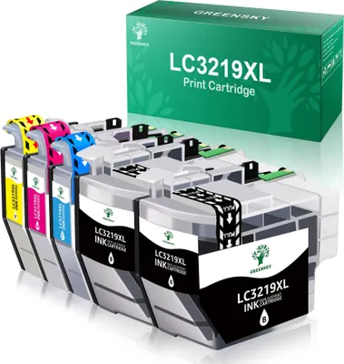 A set of five compatible printer ink cartridges, with a box in the background.