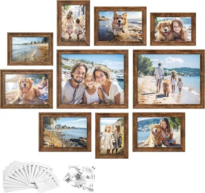 Productafbeelding van Fotolijsten set van 10 - Wissellijsten glas - MDF - 3 formaten - Met passe-partout - Bruin