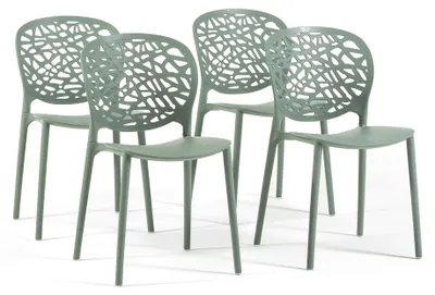 Immagine prodotto di Set di 4 sedie impilabili per interni ed esterni in polipropilene rinforzato con fibra di vetro, con schienale decorativo traforato, ideali per giardini, terrazze, bar e ristoranti - Linda Verde