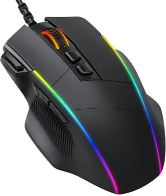 Obrázok produktu pre Herná myš s 8 programovateľnými tlačidlami a nastaviteľnou 8000 DPI, RGB podsvietením, káblom a USB pripojením. Obsahuje tlačidlo pre rýchle spustenie funkcií