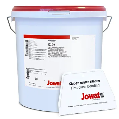 Produktbild von Jowat Jowacoll 103.70 PVAc D3 Holzleim 10 kg Eimer Set inkl. Leimspachtel – D3 Leim für Türen, Fenster, Möbelbau & Holzwerkstoffe