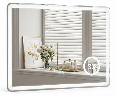 Obrázek produktu pro LED zrcadlo do koupelny od COSTWAY, rozměry 80x60 cm, koupelnové zrcadlo s 3 možnostmi osvětlení, funkcí proti zamlžování, 3násobným zvětšením a osvětlením, nástěnné zrcadlo