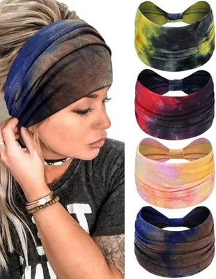Produktbild von Breites, dünnes Haarband für Damen, Stirnband für Yoga und Sport, Boho-Haarschmuck, 4 Stück, Haarreifen für Damen mit Batikmuster