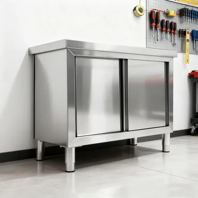 Produktbild von Edelstahl Arbeitstisch - Werkbank mit Schiebetüren - 3 Ebenen - 100 x 50 cm - Küchen- und Lagerregal - Silber