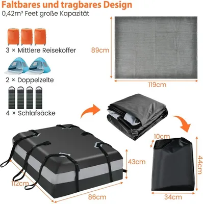 Productafbeelding van Dakbox 420 liter voor auto, met combinatie slot, 6 deuropeningen en antislipmat. Waterdichte dakbox, grijs