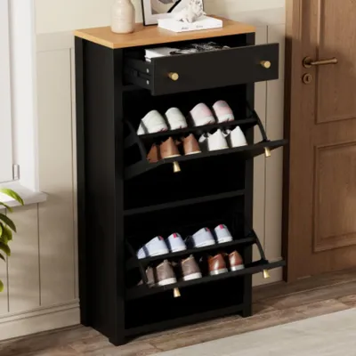 Produktbild von Moderner Schuhschrank mit 1 Schublade,verstellbaren Einlegeböden und Metallgriffen,für Flur und Eingangsbereich, 50 × 24 × 95 cm