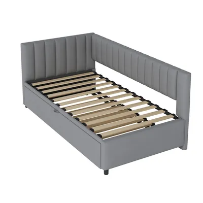Produktbild von Flieks Polsterbett Schlafsofa 90x200cm mit Ausziehbett, Holzbett Jugendbett Kinderbett Sofabett mit Lattenrost, Tagesbett Funktionsbett Samt, Grau