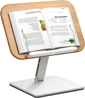 Immagine prodotto di Supporto per libri da cucina leggero e regolabile in legno, con base in alluminio.