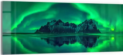 Produktbild von DEQORI Glasbild Echtglas 150x60 cm 'Vestrahorn im Polarlicht' Wandbild Bild modern Deko