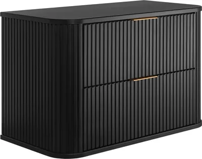 A black cabinet with two drawers and gold handles, shown from a three-quarter angle against a white background.