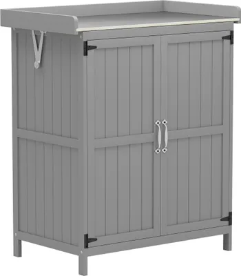 Produktbild von Gartenschrank, Werkzeugschrank für den Außenbereich, mit Arbeitsfläche, Holz und Edelstahl, Doppeltüren, Grau