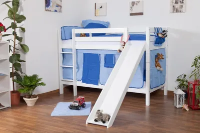 Produktbild von Kinderbett Etagenbett Jonas Buche Vollholz massiv weiß lackiert mit Rutsche in Weiß inkl. Rollrost - 90 x 200 cm, teilbar, Aktionsversion
