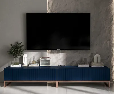 Produktbild von Universal TV-Schrank 2 x ELPIS TV Glamour Style Kupferfarbig Metall Fußgestell Modern Lindner Möbel 220 cm x 39 cm x 54 cm Farbe: Marineblau matt - Italienische Tiefmattfolie